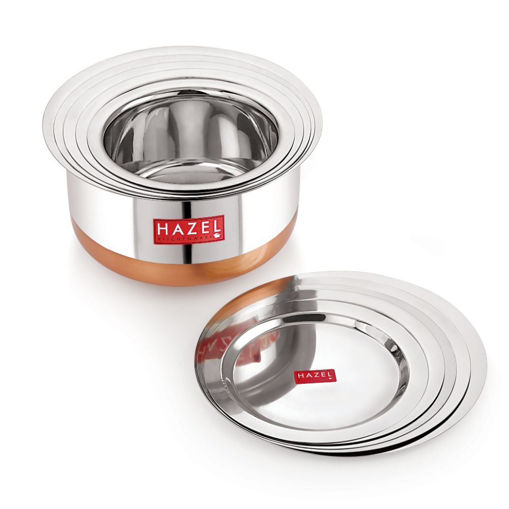 HAZEL Utensils Set for Kitchen I Set of 5, 1 L, 1.5 L, 1.9 L, 2.4 L and 3 L Capacity | Copper Bottom Utensils for Cooking I Steel Tope Set with Lid for Daily Use
