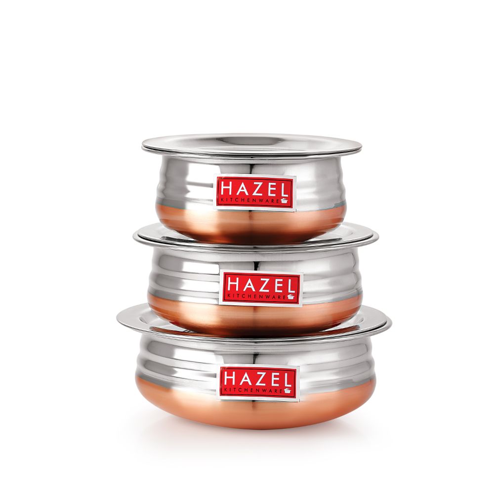 HAZEL Stainless Steel Kitchen Set with Lid | Copper Bottom Serving Bowl Set of 3, 800 ml, 1200 ml, 1600 ml with I Stainless Steel Vessels Tasra Kadai, Silver and Copper