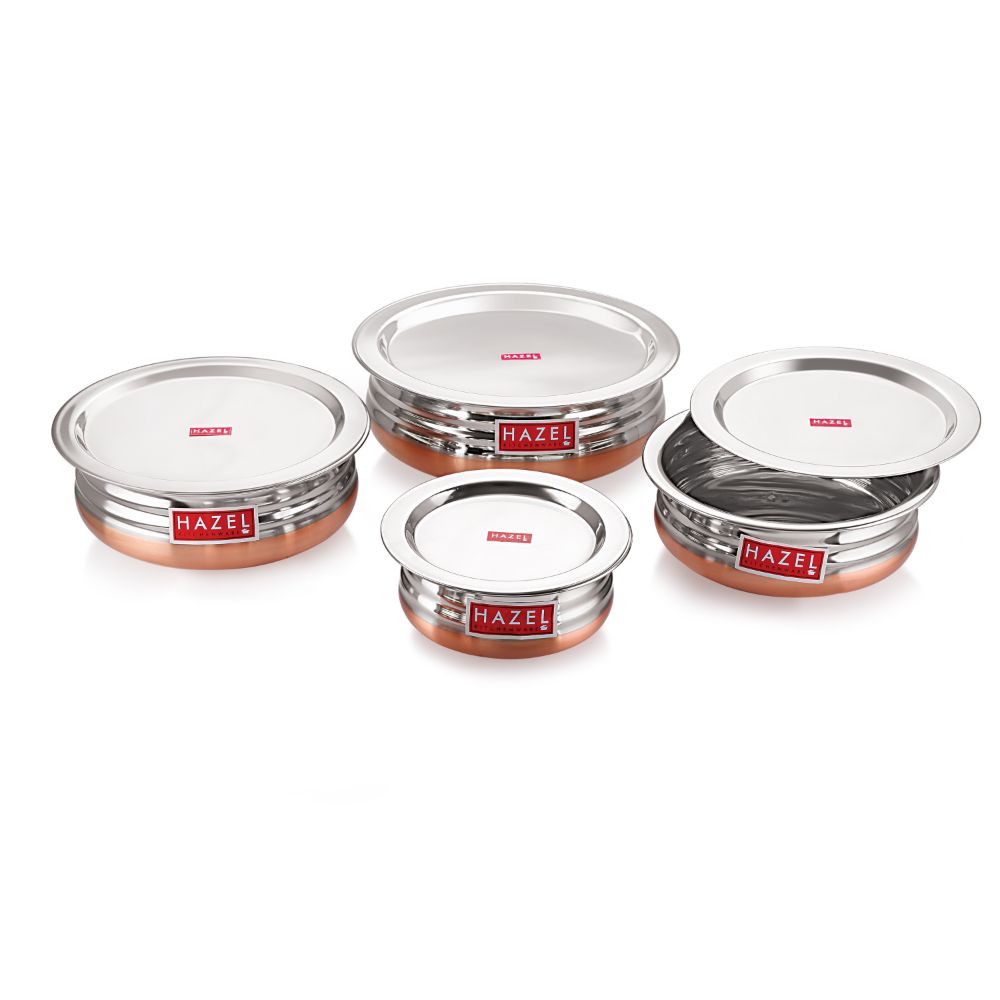HAZEL Copper Bottom Urli Handi Set with Lid Cover| Premium Stainless Steel Cookware Set | Serving Cooking Tope Bowl for Kitchen | Copper Bottom Vessels for Cooking, 4 Piece