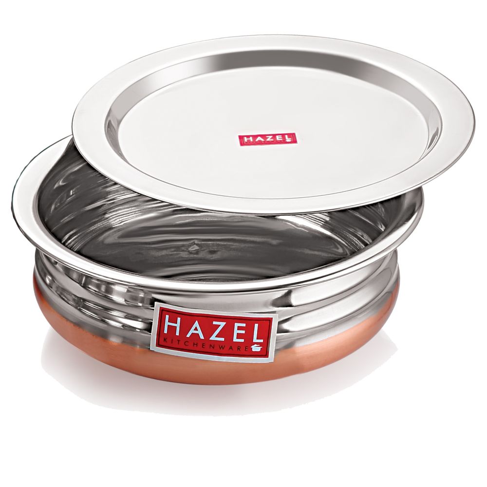 HAZEL Copper Bottom Urli Handi Set with Lid Cover| Premium Stainless Steel Cookware Set | Serving Cooking Tope Bowl for Kitchen | Copper Bottom Vessels for Cooking, 4 Piece