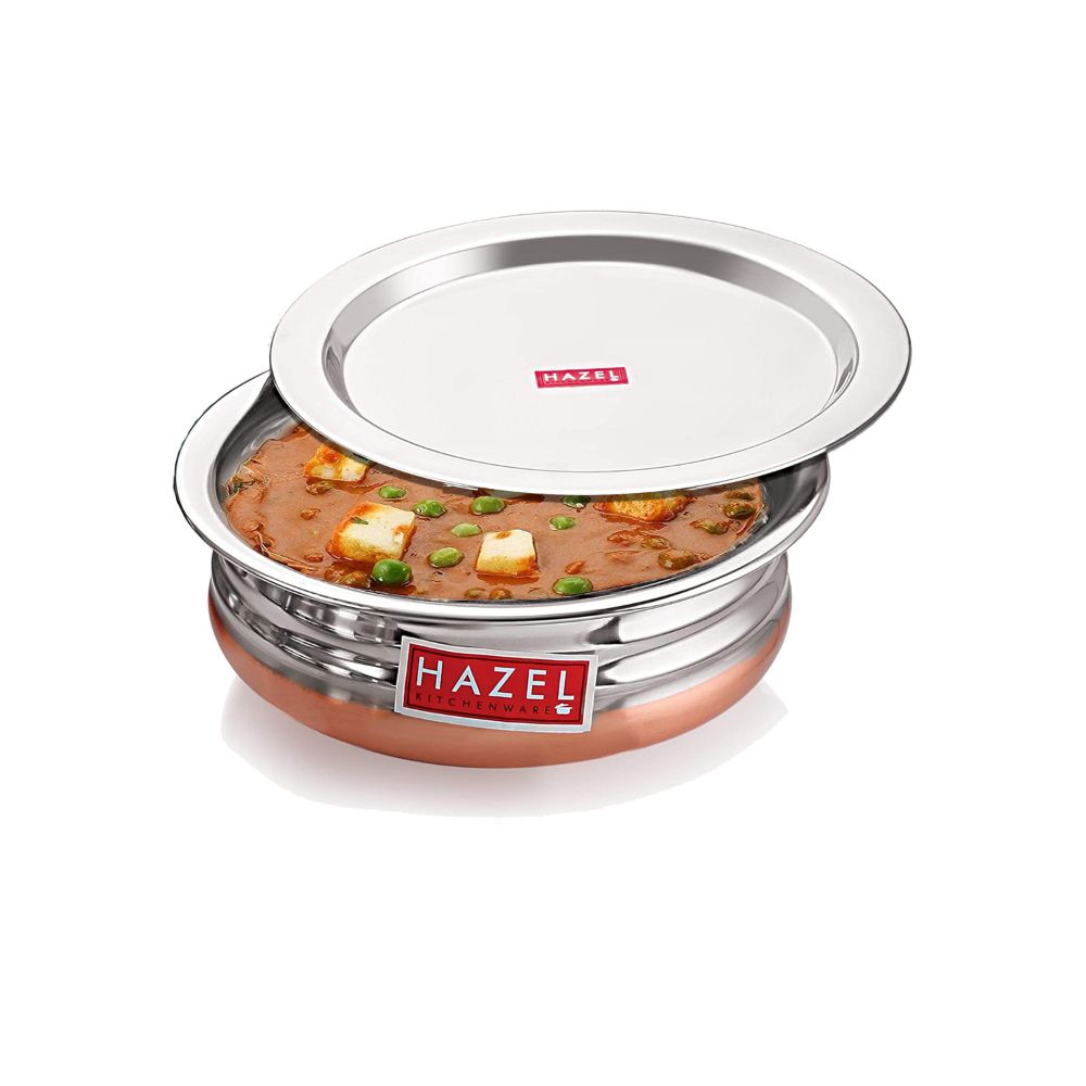 HAZEL Copper Bottom Urli Handi Set with Lid Cover| Premium Stainless Steel Cookware Set | Serving Cooking Tope Bowl for Kitchen | Copper Bottom Vessels for Cooking, 4 Piece