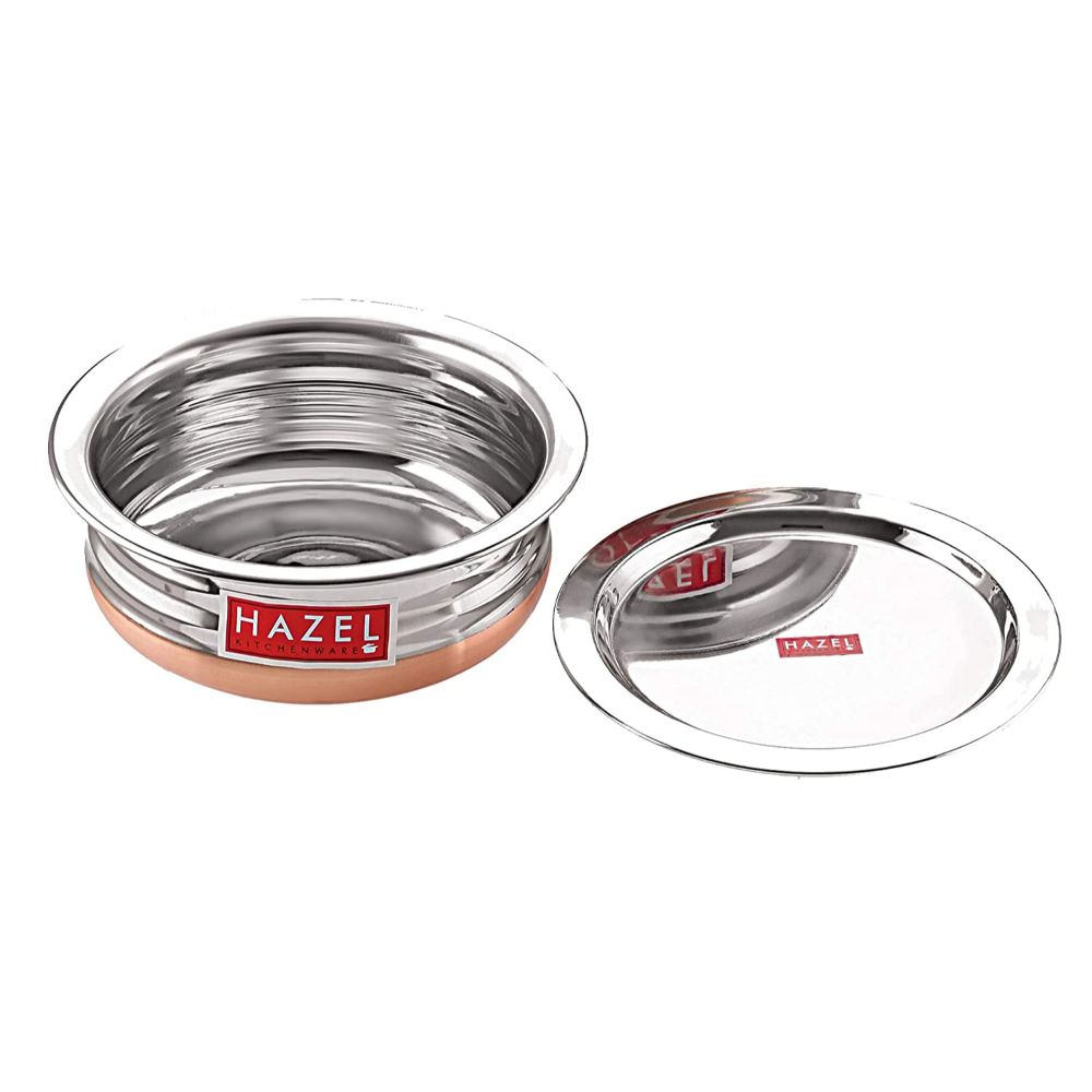 HAZEL Copper Bottom Urli Handi Set with Lid Cover| Premium Stainless Steel Cookware Set | Serving Cooking Tope Bowl for Kitchen | Copper Bottom Vessels for Cooking, 4 Piece