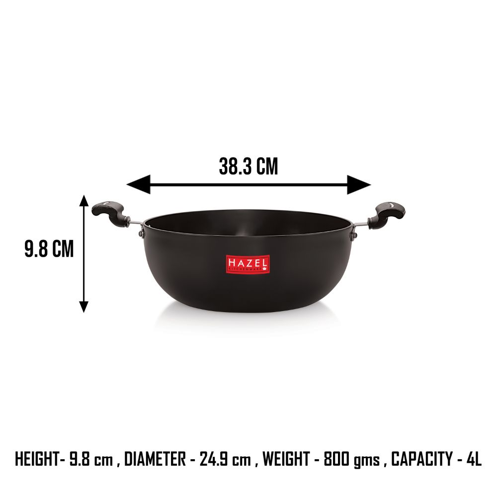 HAZEL Hard Anodized Kadai I Kadai for Deep Frying, 4000 ML with 3 mm Thickness I Black Anodized Aluminium Cookware Set | Hard Anodized cookware Set for Kitchen
