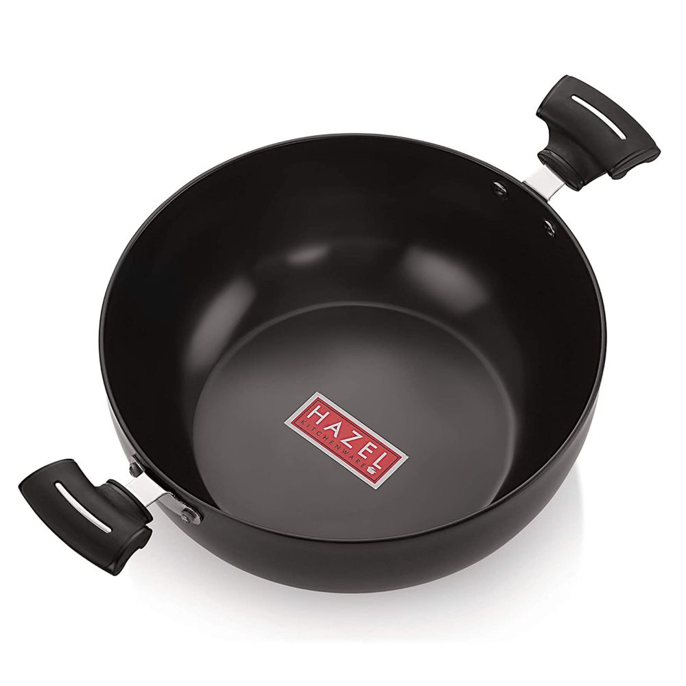 HAZEL 3 mm Hard Anodised Kadai Deep Aluminium Anodized Frying Kadhai, 1400 ML, Black