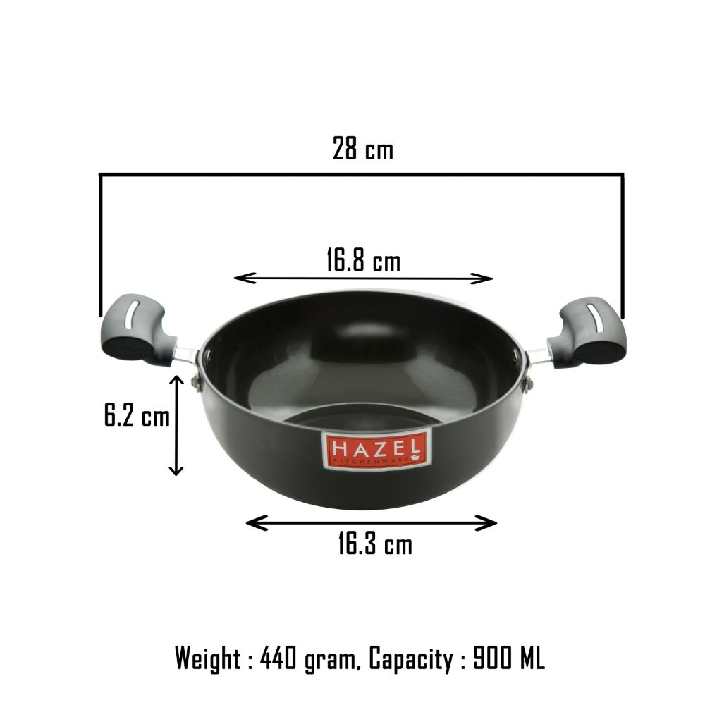HAZEL 3 mm Hard Anodised Kadai Deep Aluminium Anodized Frying Kadhai, 900 ML, Black