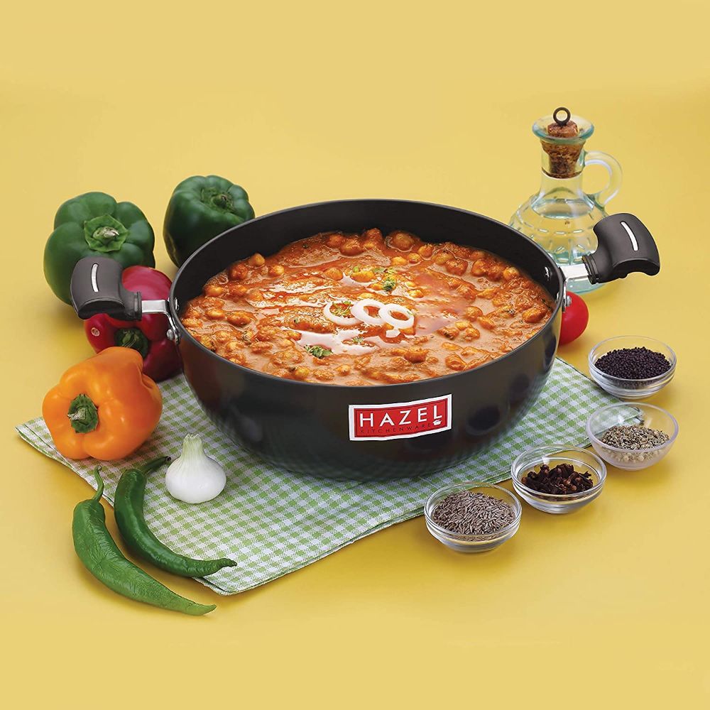 HAZEL Hard Anodised Kadai with Handle| Hard Anodized Kadhai Kadahi Karahi Cookware Utensil for Frying, 2800 ml, 23.4 cm, Black