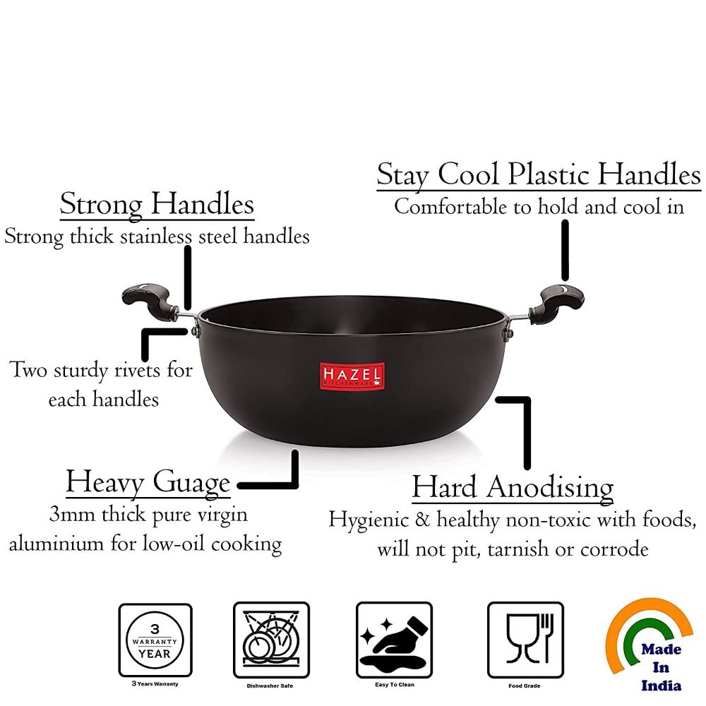 HAZEL Hard Anodised Kadai with Handle| Hard Anodized Kadhai Kadahi Karahi Cookware Utensil for Frying, 2800 ml, 23.4 cm, Black