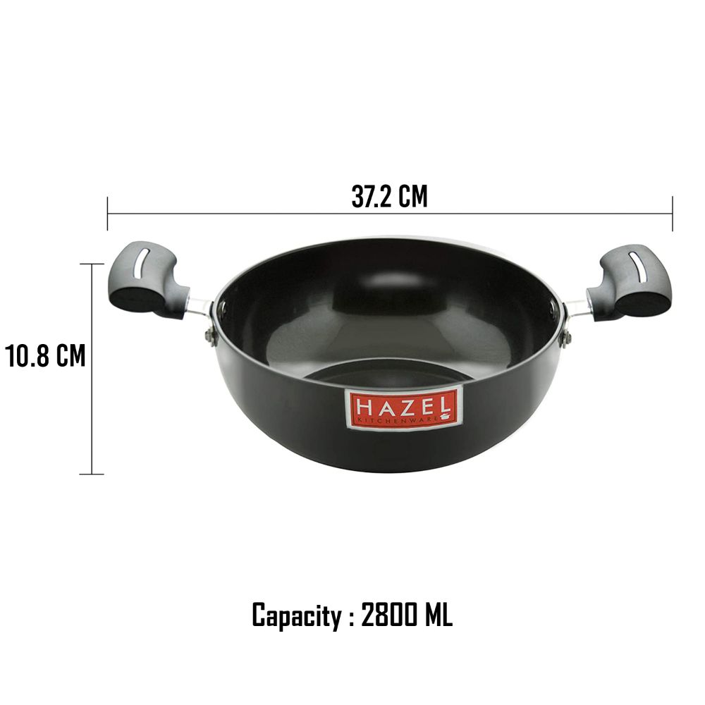 HAZEL Hard Anodised Kadai with Handle| Hard Anodized Kadhai Kadahi Karahi Cookware Utensil for Frying, 2800 ml, 23.4 cm, Black