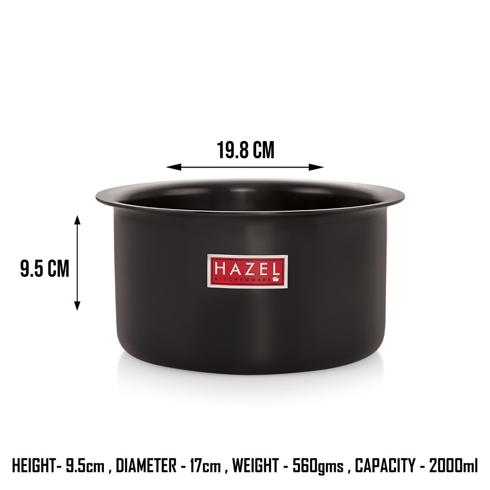 HAZEL Hard Anodised Tope Patila 3mm Aluminium Anodized Boiling Vessels Bhagona Dekchi, 2000 ml, 17 cm, Black
