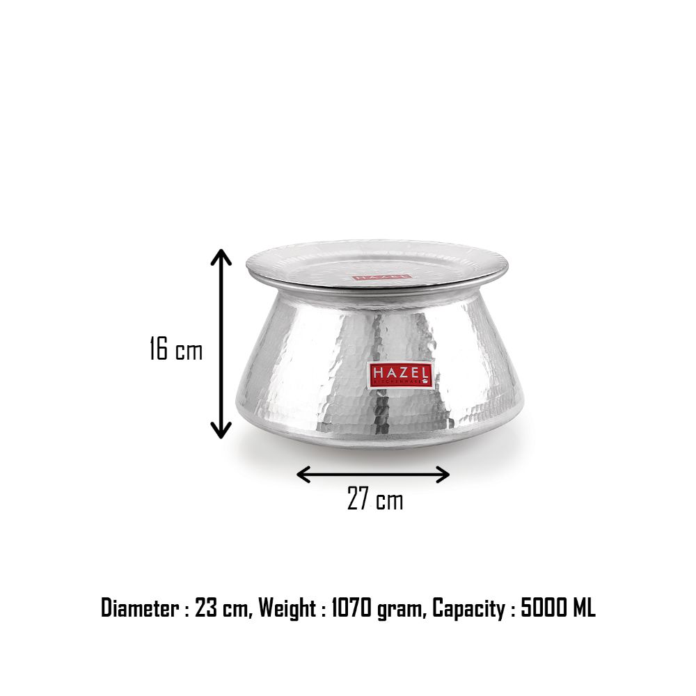 HAZEL Aluminium Hammered Finish Handi with Lid Biryani Rice Cooking Pot Degri Tope Patila Vessel, 5 Litre, Silver