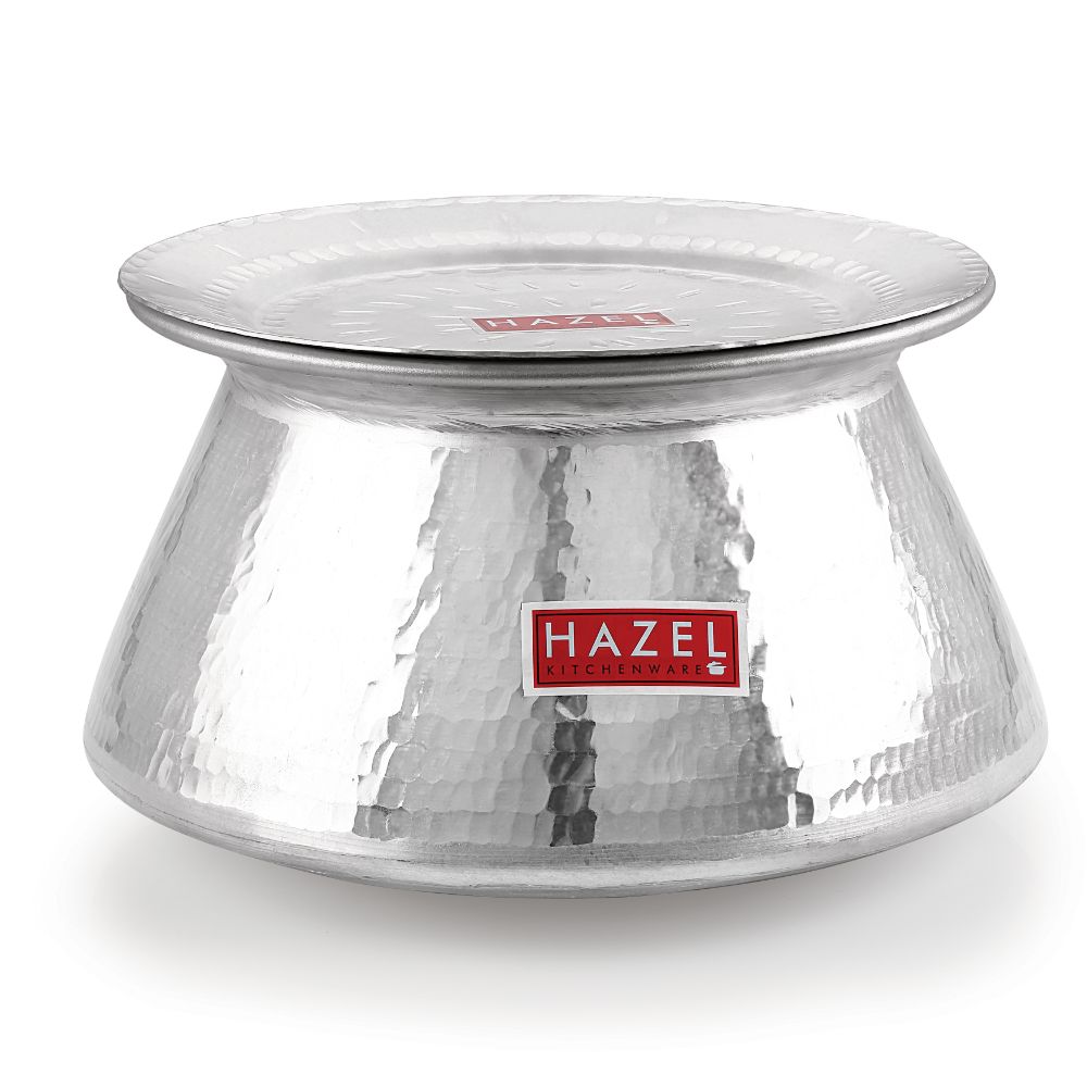 HAZEL Aluminium Hammered Finish Handi with Lid Biryani Rice Cooking Pot Degri Tope Patila Vessel, 5 Litre, Silver