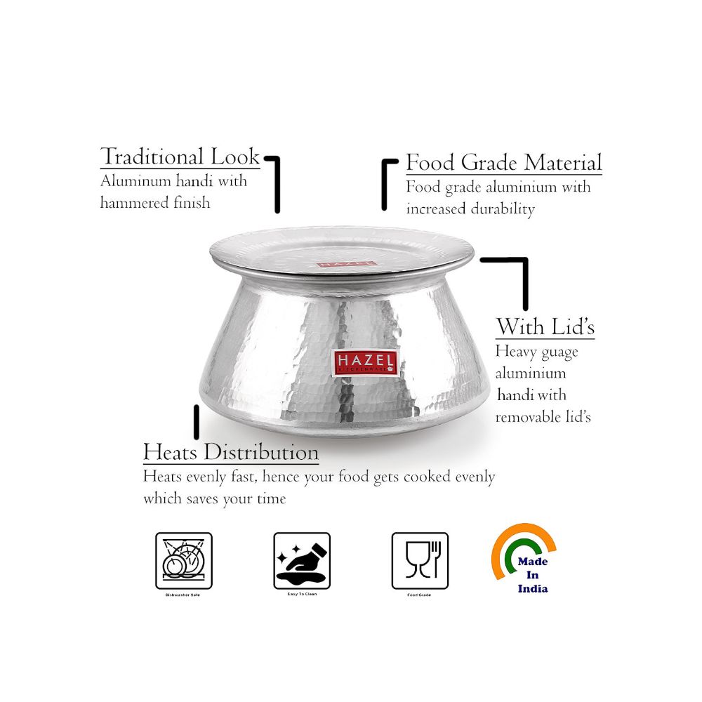 HAZEL Aluminium Hammered Finish Handi with Lid Biryani Rice Cooking Pot Degri Tope Patila Vessal (13 Litre) Silver
