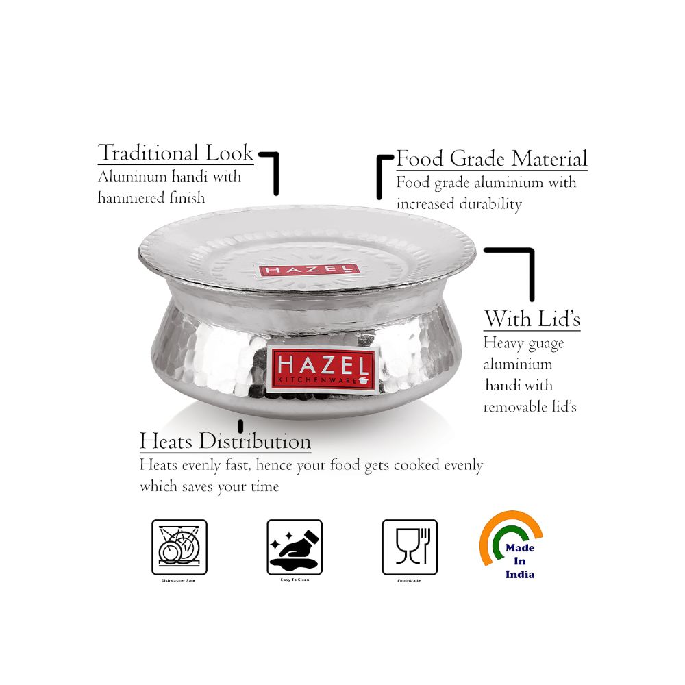 HAZEL Biryani Pot| Aluminium Biryani Handi Set, 1000 ML| Aluminium Hammered Finish Tope, Patila Handi | Multipurpose Aluminium Cooking Utensils for Kitchen Silver