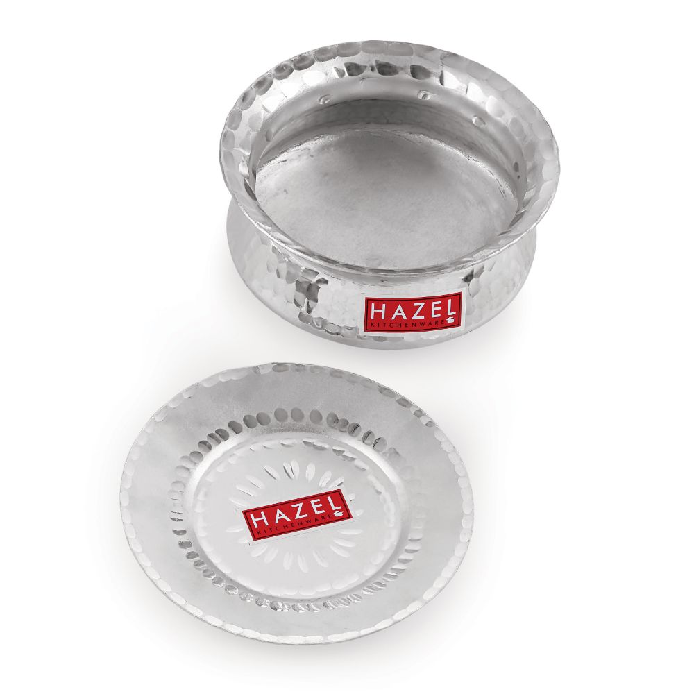 HAZEL Aluminium Hammered Finish Handi with Lid Biryani Rice Cooking Pot Dhari Patiya Tope Patila Vessel, 19 cm, 1300 ML Silver