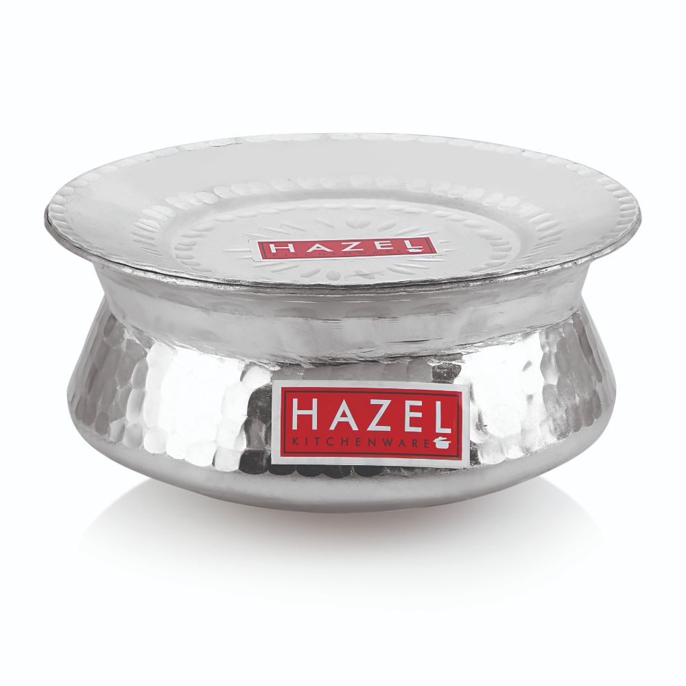 HAZEL Aluminium Hammered Finish Handi with Lid Biryani Rice Cooking Pot Dhari Patiya Tope Patila Vessel, 19 cm, 1300 ML Silver