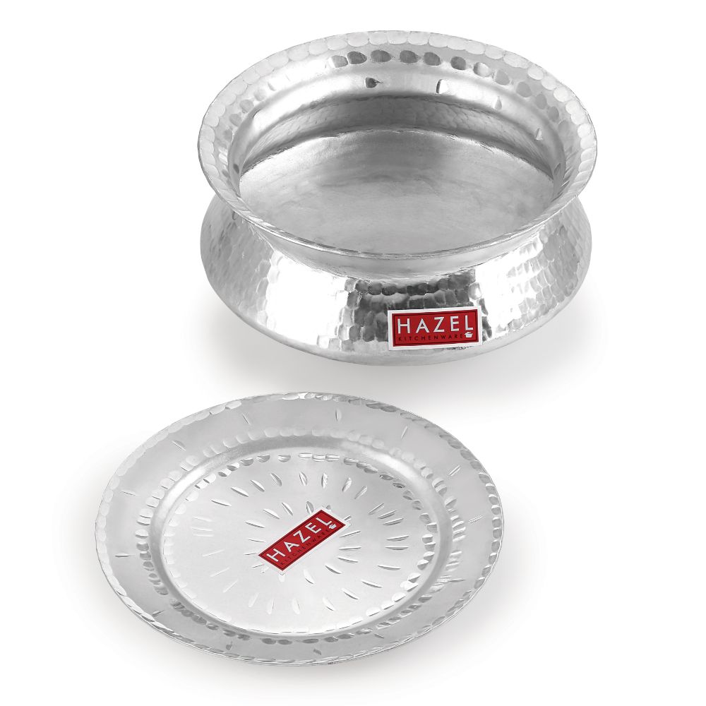 HAZEL Aluminium Hammered Finish Handi with Lid Biryani Rice Cooking Pot Dhari Patiya Tope Patila Vessel, 24 cm, 3600 ML Silver