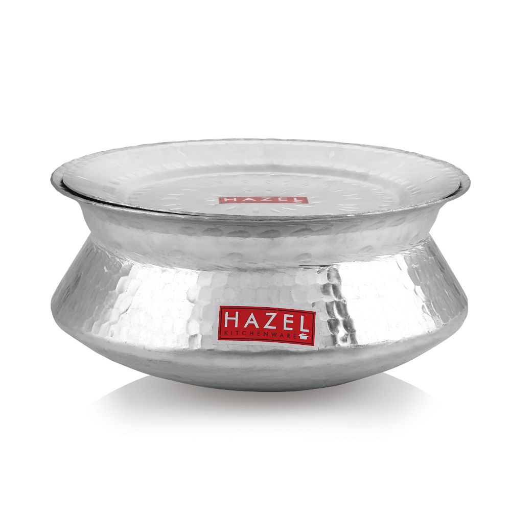 HAZEL Aluminium Hammered Finish Handi with Lid Biryani Rice Cooking Pot Dhari Patiya Tope Patila Vessel, 24 cm, 3600 ML Silver