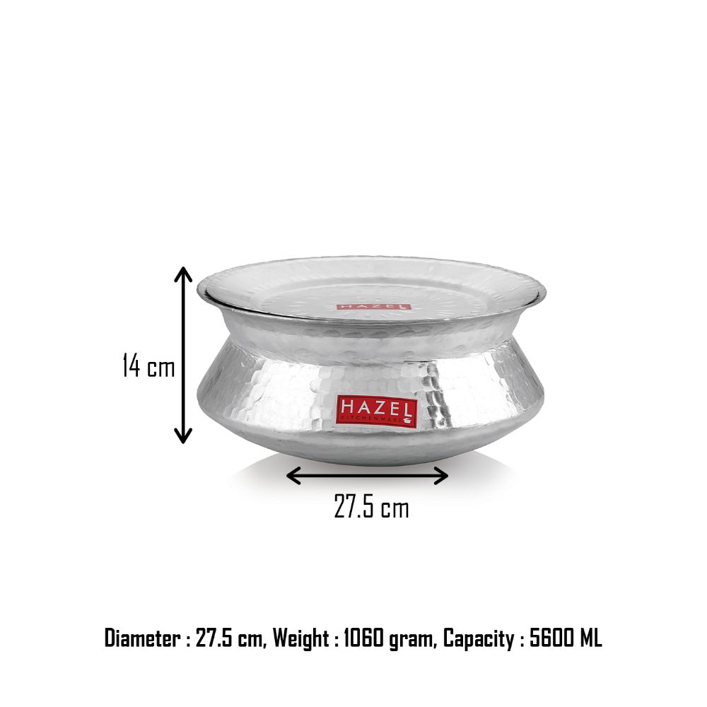 HAZEL Aluminium Hammered Finish Handi with Lid Biryani Rice Cooking Pot Dhari Patiya Tope Patila Vessel, 27.5 cm, 5600 ML Silver