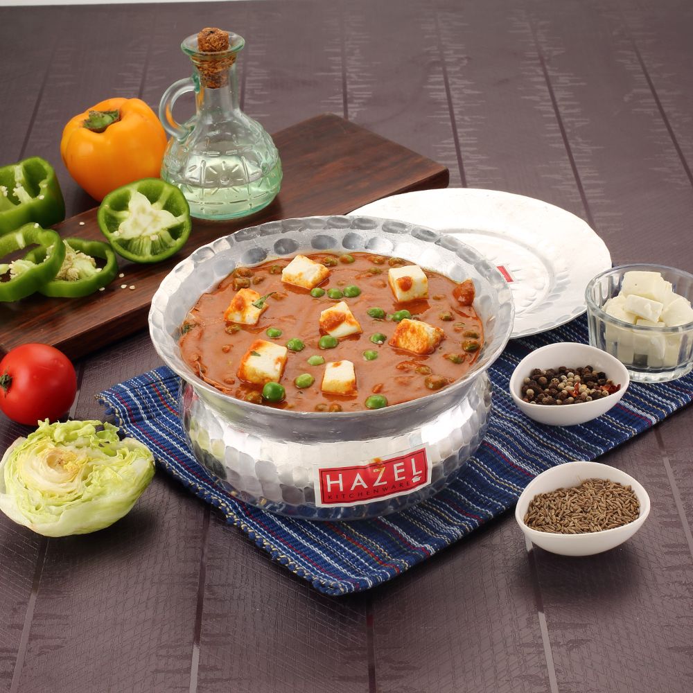 HAZEL Aluminium Hammered Finish Handi with Lid Biryani Rice Cooking Pot GOL Patiya Tope Patila Vessel, 17 cm, 1000 ML Silver