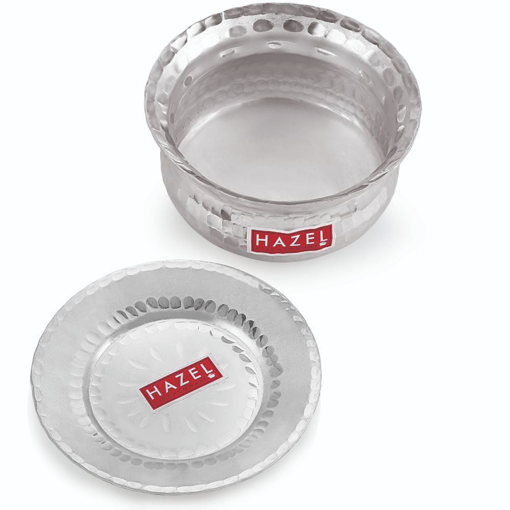 HAZEL Aluminium Hammered Finish Handi with Lid Biryani Rice Cooking Pot GOL Patiya Tope Patila Vessel, 17 cm, 1000 ML Silver