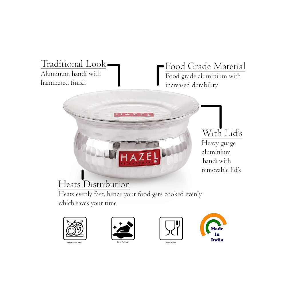 HAZEL Aluminium Hammered Finish Handi with Lid Biryani Rice Cooking Pot GOL Patiya Tope Patila Vessel, 17 cm, 1000 ML Silver