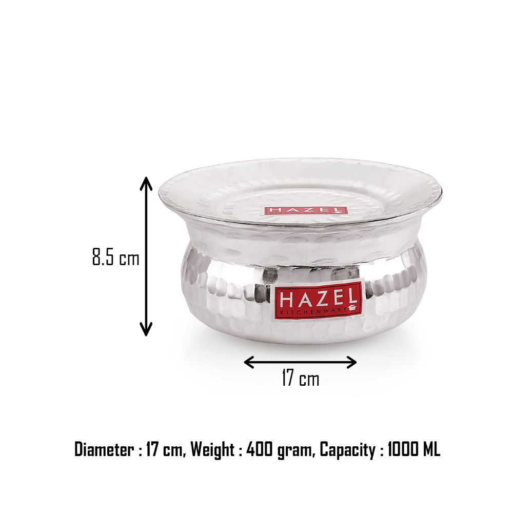 HAZEL Aluminium Hammered Finish Handi with Lid Biryani Rice Cooking Pot GOL Patiya Tope Patila Vessel, 17 cm, 1000 ML Silver