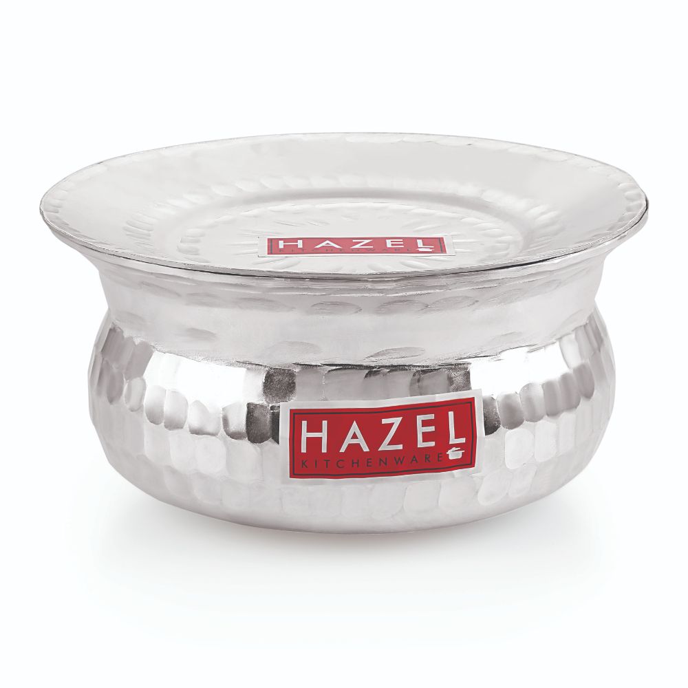 HAZEL Aluminium Hammered Finish Handi with Lid Biryani Rice Cooking Pot GOL Patiya Tope Patila Vessel, 17 cm, 1000 ML Silver