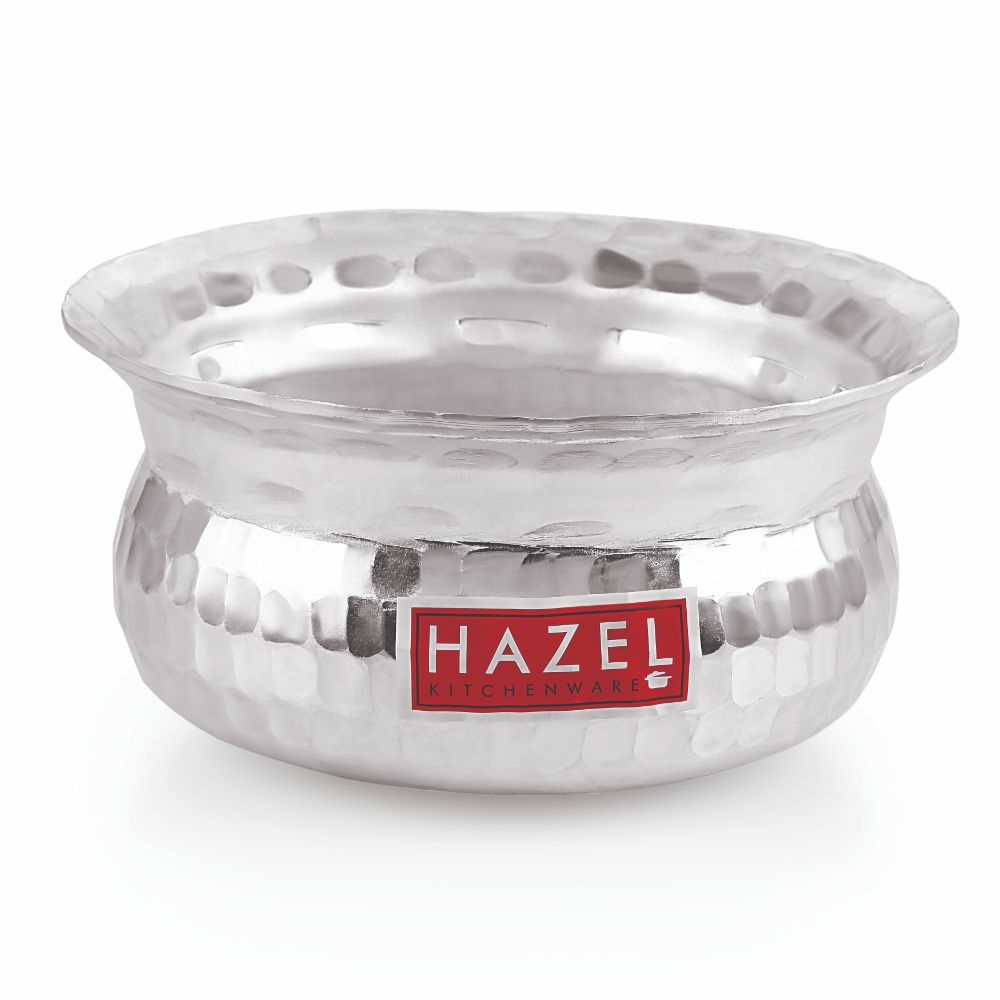 HAZEL Aluminium Hammered Finish Handi with Lid Biryani Rice Cooking Pot GOL Patiya Tope Patila Vessel, 17 cm, 1000 ML Silver