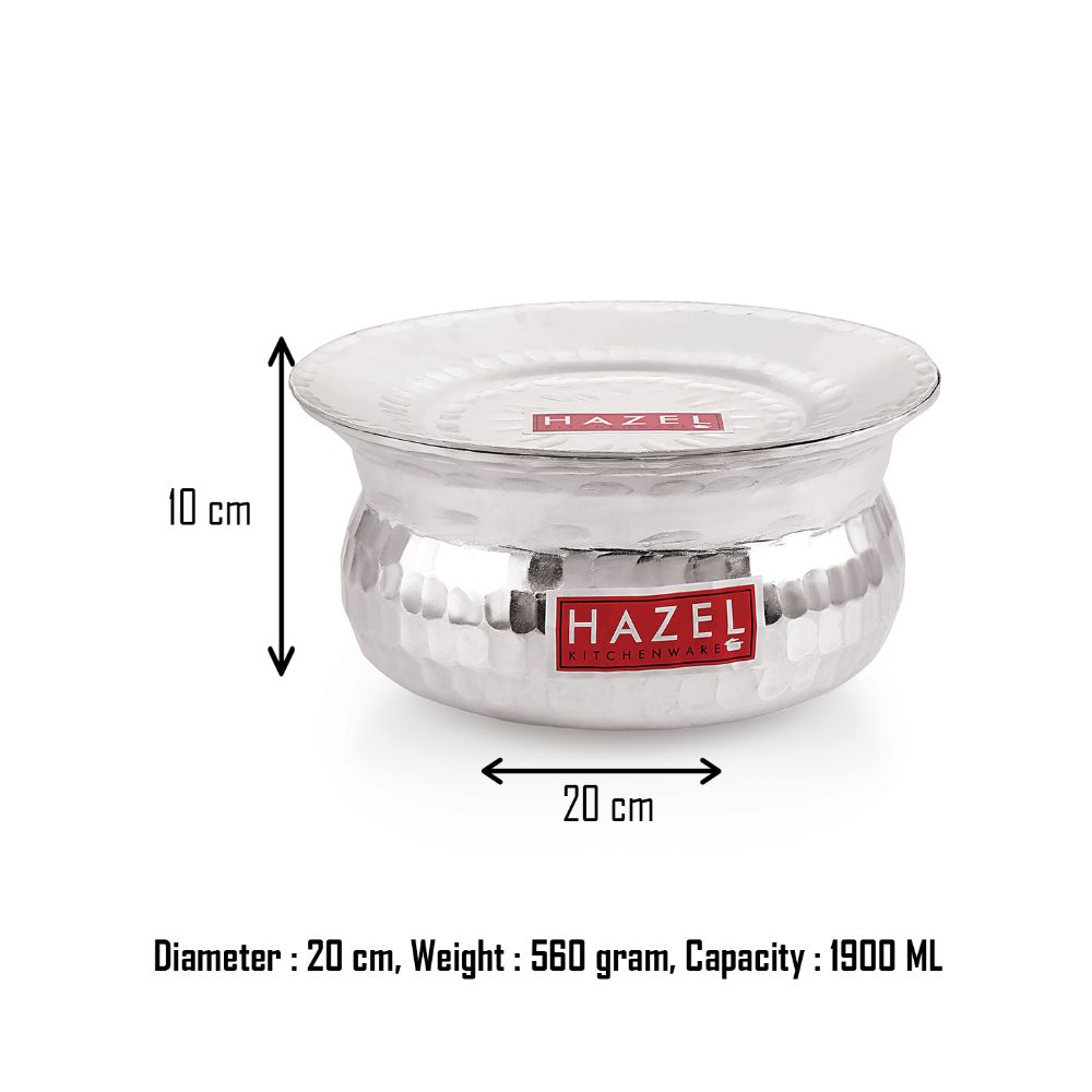 HAZEL Aluminium Hammered Finish Handi with Lid Biryani Rice Cooking Pot GOL Patiya Tope Patila Vessel, 20 cm, 1900 ML Silver