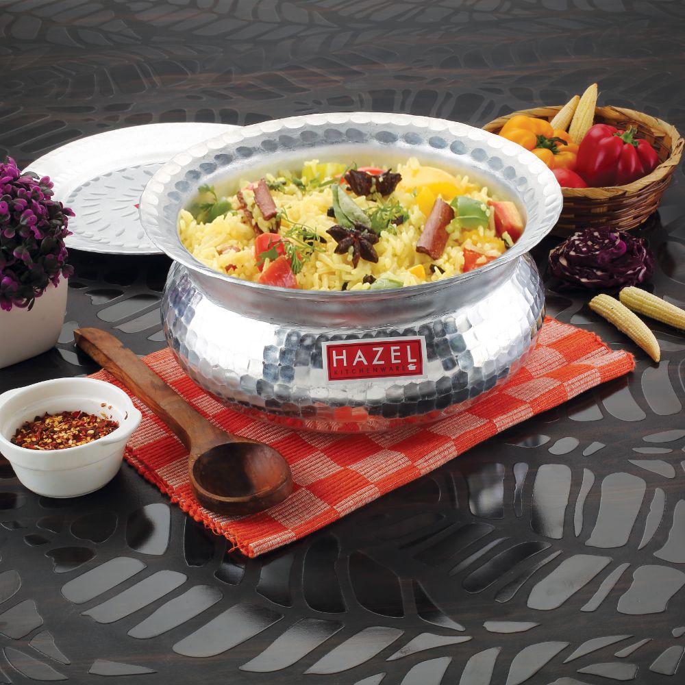 HAZEL Aluminium Hammered Finish Handi with Lid Biryani Rice Cooking Pot GOL Patiya Tope Patila Vessel, 29 cm, 6700 ML Silver