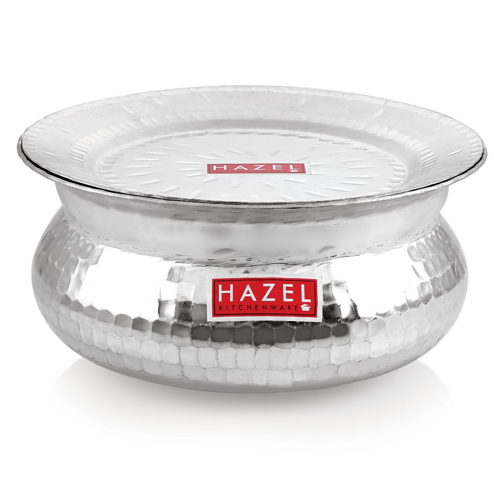 HAZEL Aluminium Hammered Finish Handi with Lid Biryani Rice Cooking Pot GOL Patiya Tope Patila Vessel, 29 cm, 6700 ML Silver