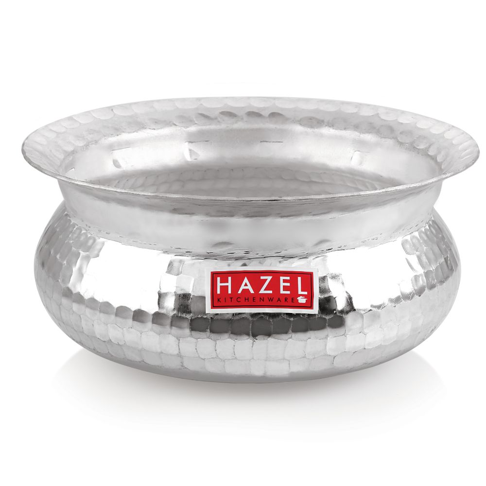 HAZEL Aluminium Hammered Finish Handi with Lid Biryani Rice Cooking Pot GOL Patiya Tope Patila Vessel, 29 cm, 6700 ML Silver