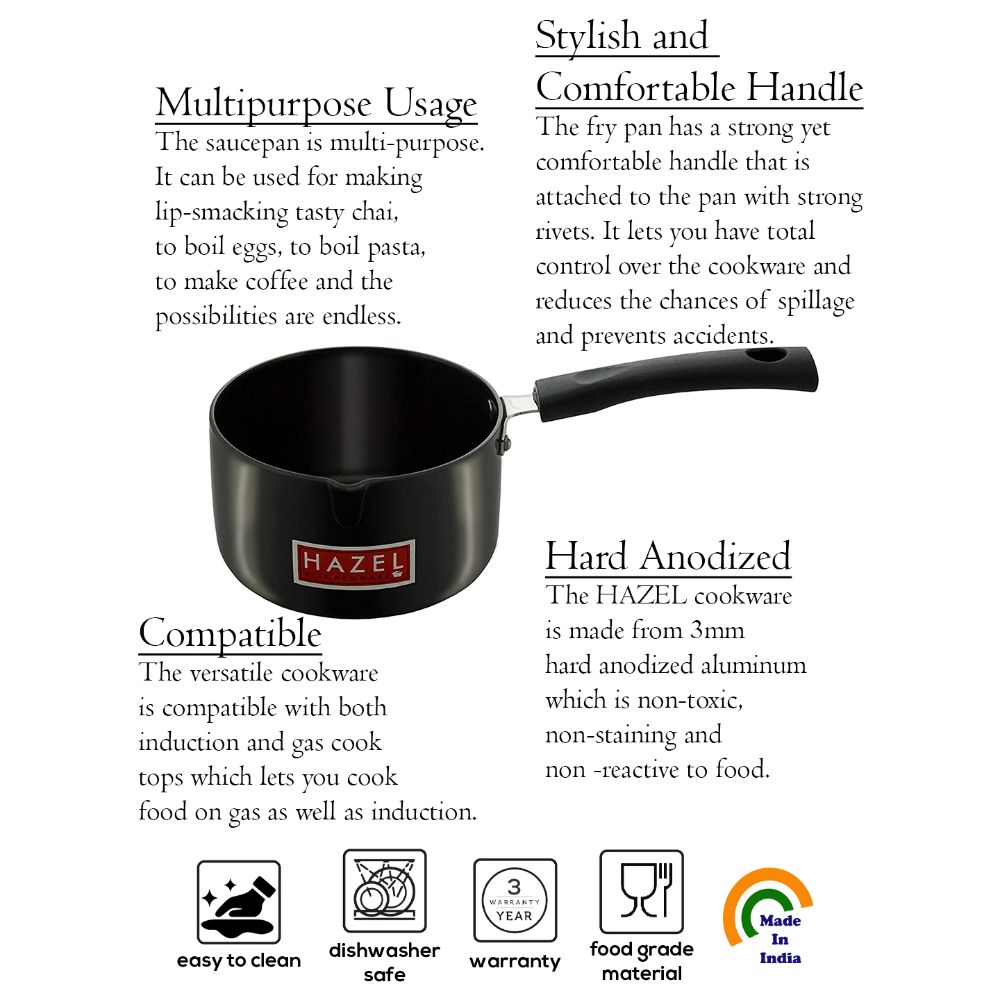 HAZEL Hard 3 mm Aluminium Anodized Tea Milk Sauce Pan (12.2 cm, 900 ml, Black)