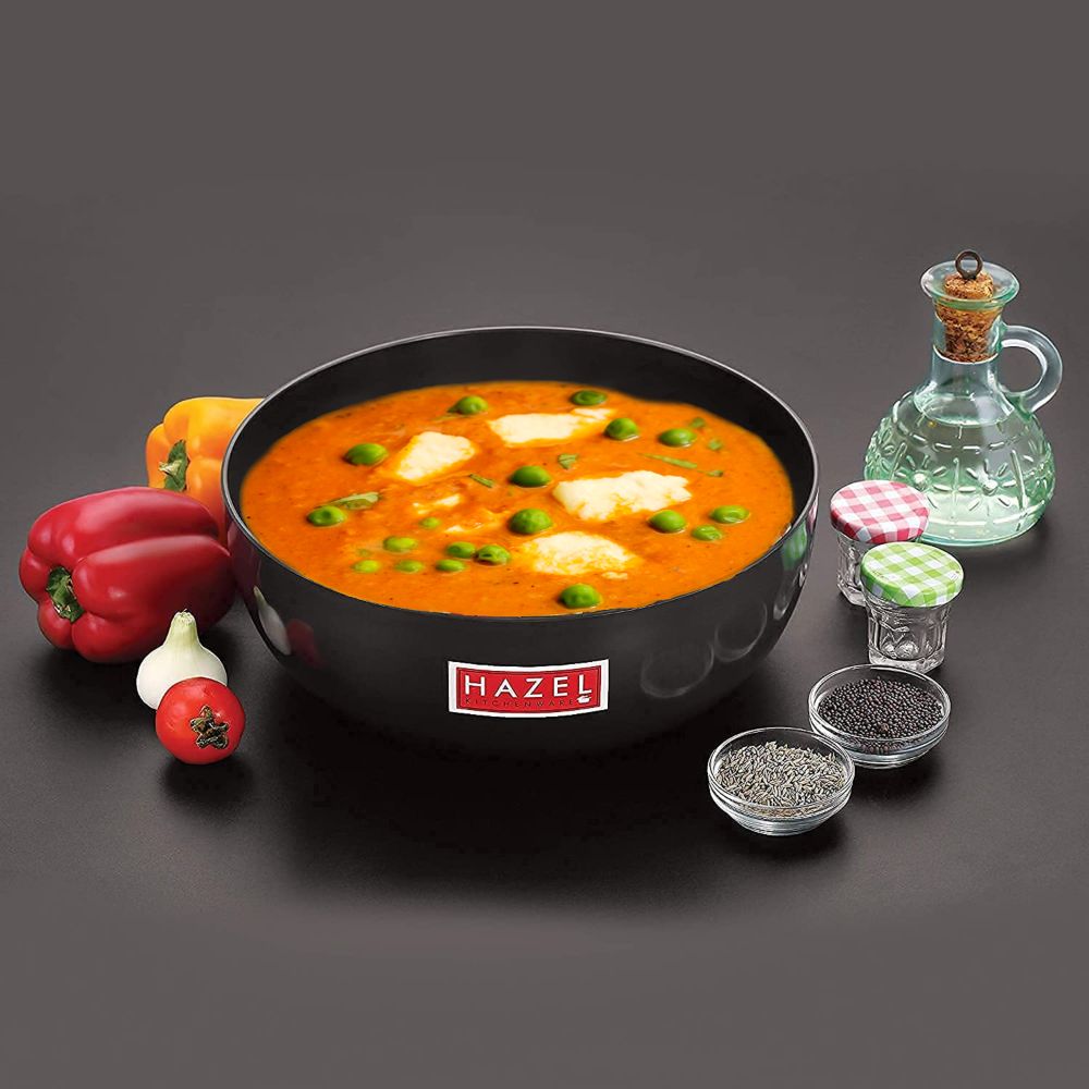 HAZEL Hard Anodised Tasra 3 mm Deep Aluminium Anodized Frying Tasla Kadai, (Black, 23.3 cm, 3200 ml)
