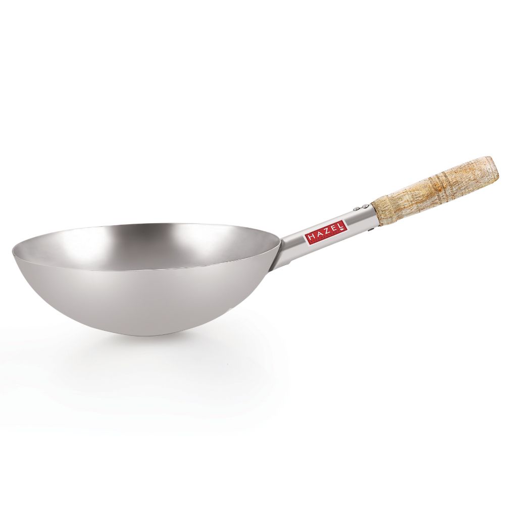 HAZEL Chinese Wok with Wooden Handle, 29cm, 2900ml | Stainless Steel Deep Frying Pan