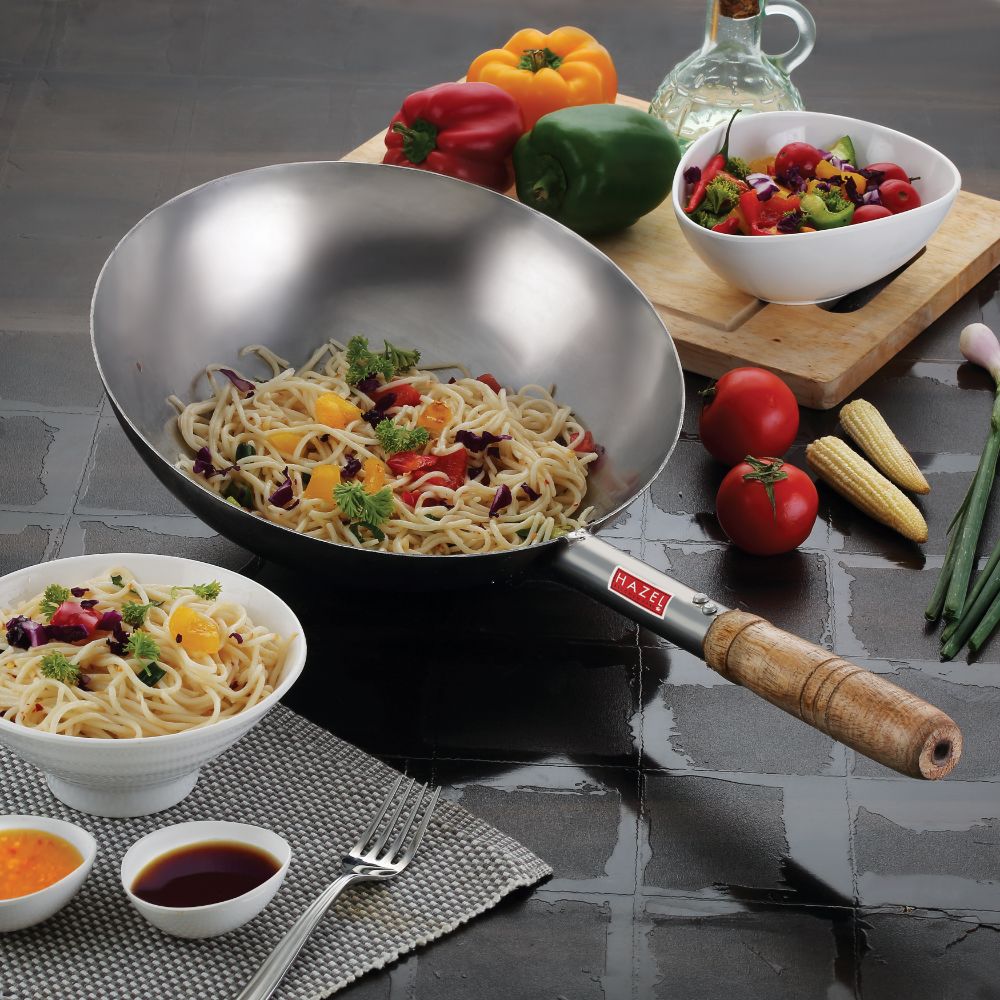 HAZEL Chinese Wok with Wooden Handle, 30.5cm, 3600 ml | Stainless Steel Deep Frying Pan
