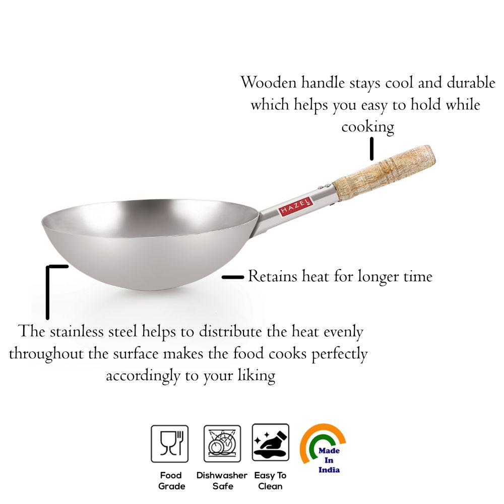 HAZEL Chinese Wok with Wooden Handle, 30.5cm, 3600 ml | Stainless Steel Deep Frying Pan