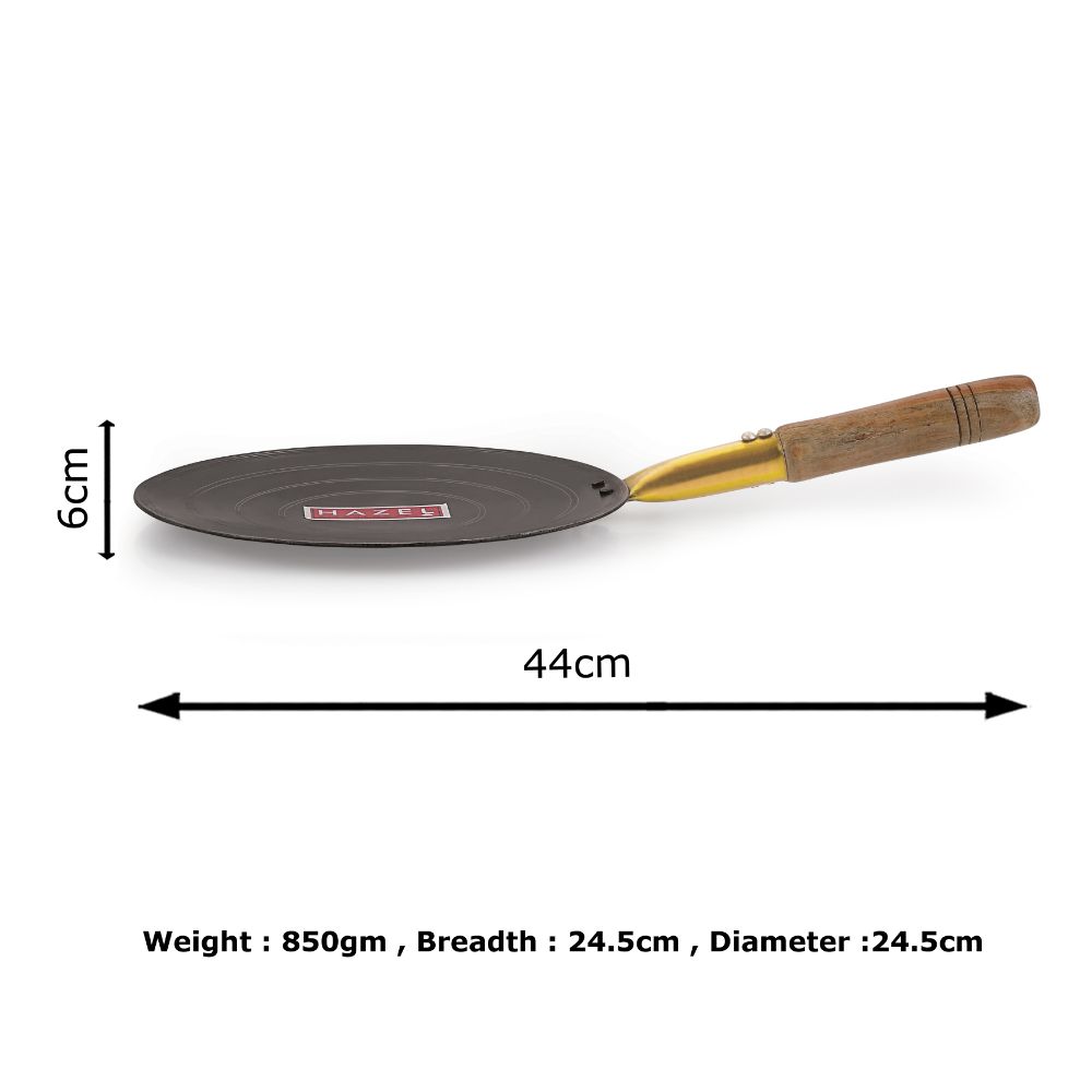 HAZEL Iron Tawa with Wooden Handle Grip Lokhand Loha Pan Concave Tava for Chapathi Roti Paratha Fulka Dosa Omelette, 24.5 cm