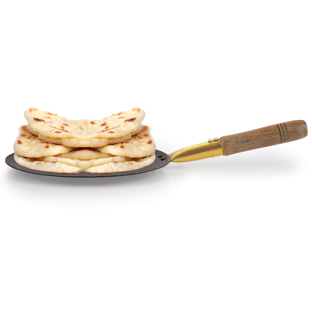 HAZEL Iron Tawa with Wooden Handle Grip Lokhand Loha Pan Concave Tava for Chapathi Roti Paratha Fulka Dosa Omelette, 24.5 cm