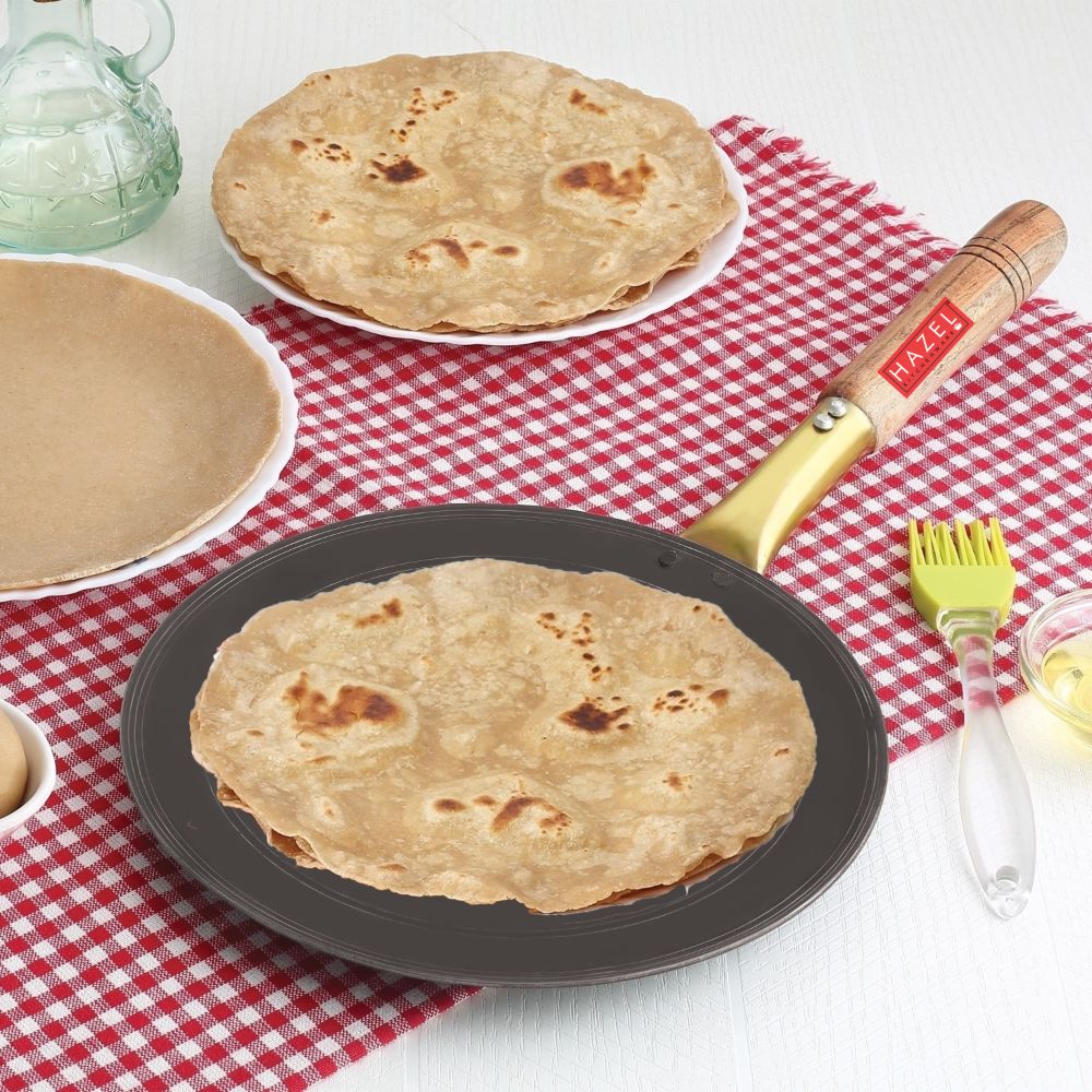 HAZEL Iron Tawa with Wooden Handle Grip Lokhand Loha Pan Concave Tava for Chapathi Roti Paratha Fulka Dosa Omelette, 24.5 cm