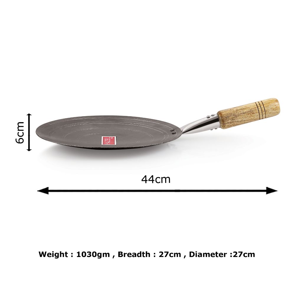 HAZEL Iron Tawa with Wooden Handle Grip Loha Lokhand Pan Concave Tava for Roti Chapathi Paratha Fulka Dosa Omelette, 27 cm