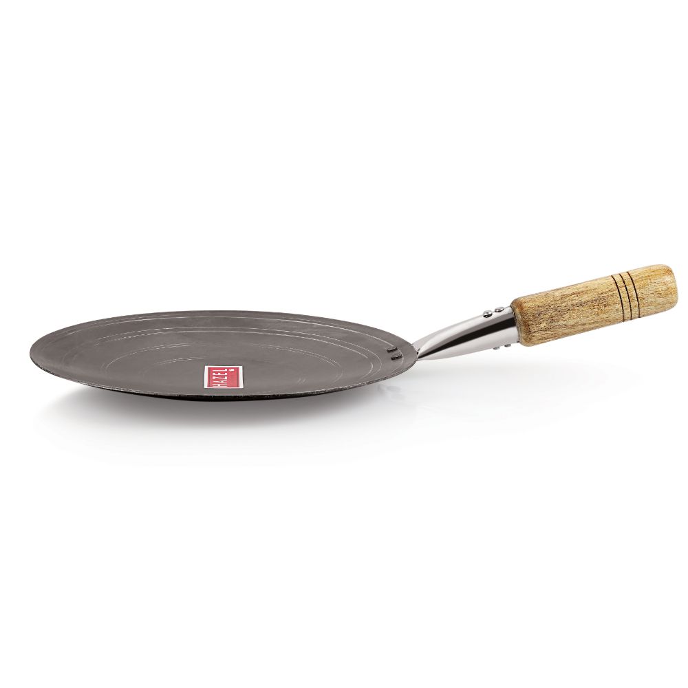 HAZEL Iron Tawa with Wooden Handle Grip Loha Lokhand Pan Concave Tava for Roti Chapathi Paratha Fulka Dosa Omelette, 27 cm