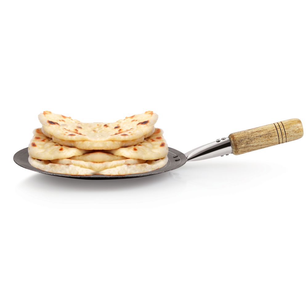 HAZEL Iron Tawa with Wooden Handle Grip Loha Lokhand Pan Concave Tava for Roti Chapathi Paratha Fulka Dosa Omelette, 27 cm