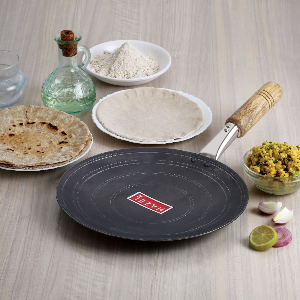 HAZEL Iron Tawa with Wooden Handle Grip Lokhand Loha Pan Concave Tava for Chapathi Roti Paratha Fulka Dosa Omelette, 29 cm