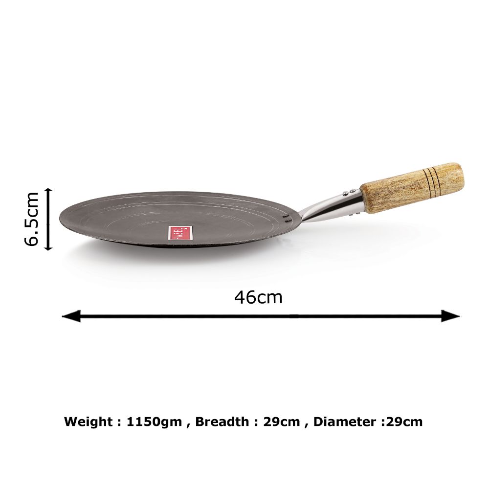 HAZEL Iron Tawa with Wooden Handle Grip Lokhand Loha Pan Concave Tava for Chapathi Roti Paratha Fulka Dosa Omelette, 29 cm