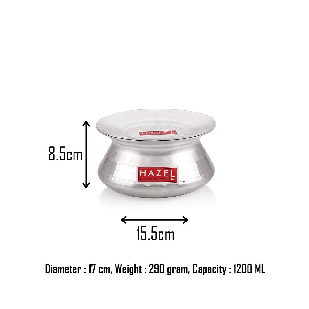 HAZEL Aluminium Handi with Lid Machine Hammered Finish Biryani Rice Cooking Pot Dhari Patiya Tope Patila Vessel, 17 cm, 1200 ML
