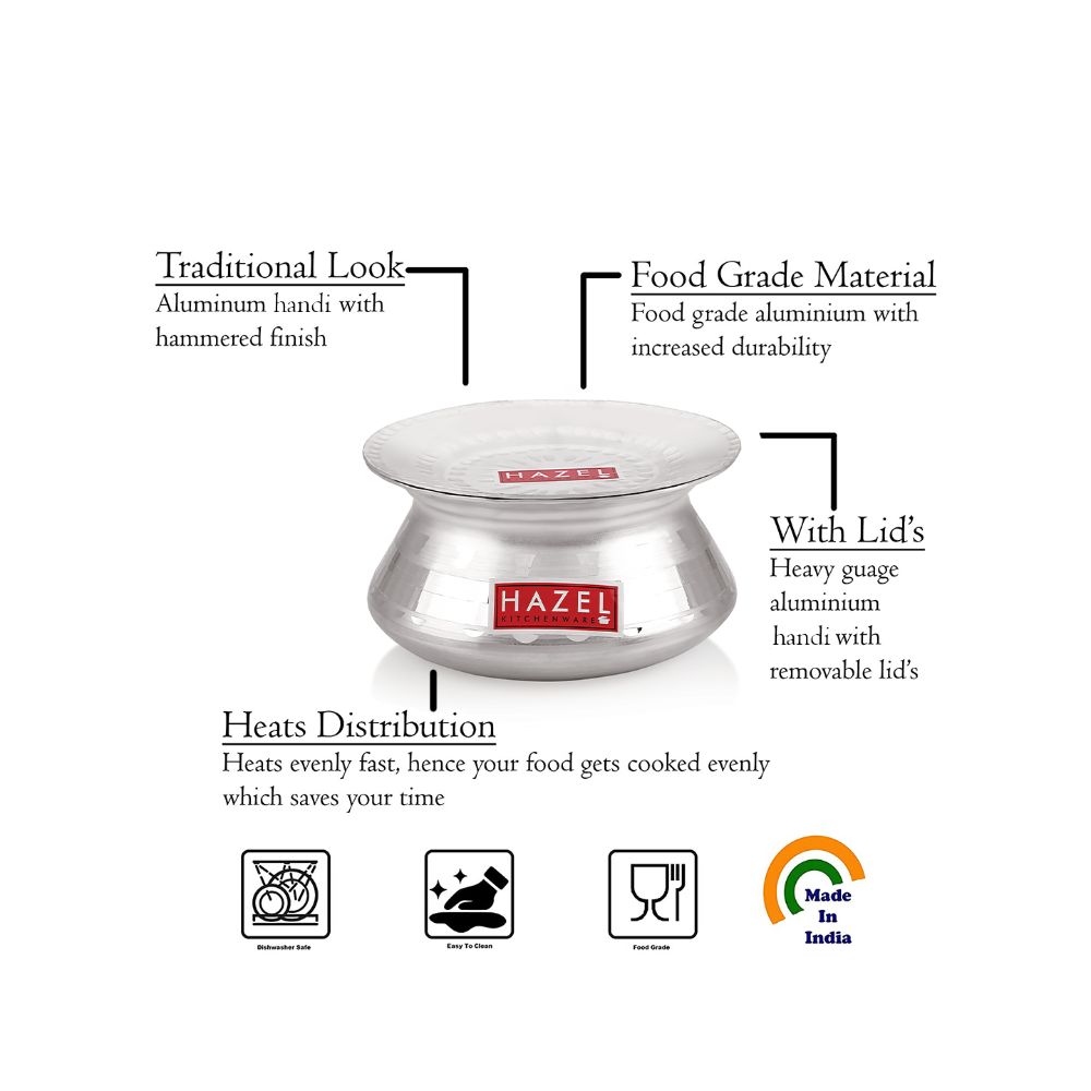 HAZEL Aluminium Handi with Lid Machine Hammered Finish Biryani Rice Cooking Pot Dhari Patiya Tope Patila Vessel, 20 cm, 1900 ML
