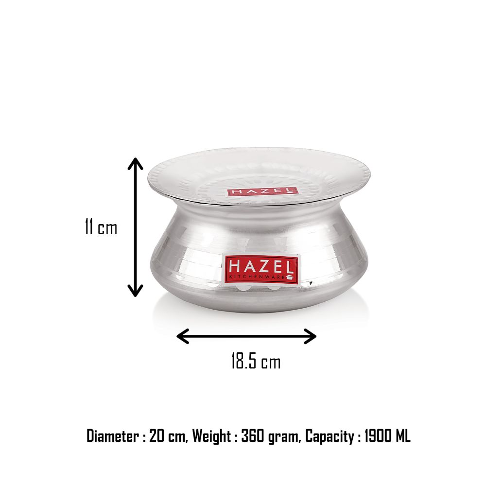 HAZEL Aluminium Handi with Lid Machine Hammered Finish Biryani Rice Cooking Pot Dhari Patiya Tope Patila Vessel, 20 cm, 1900 ML