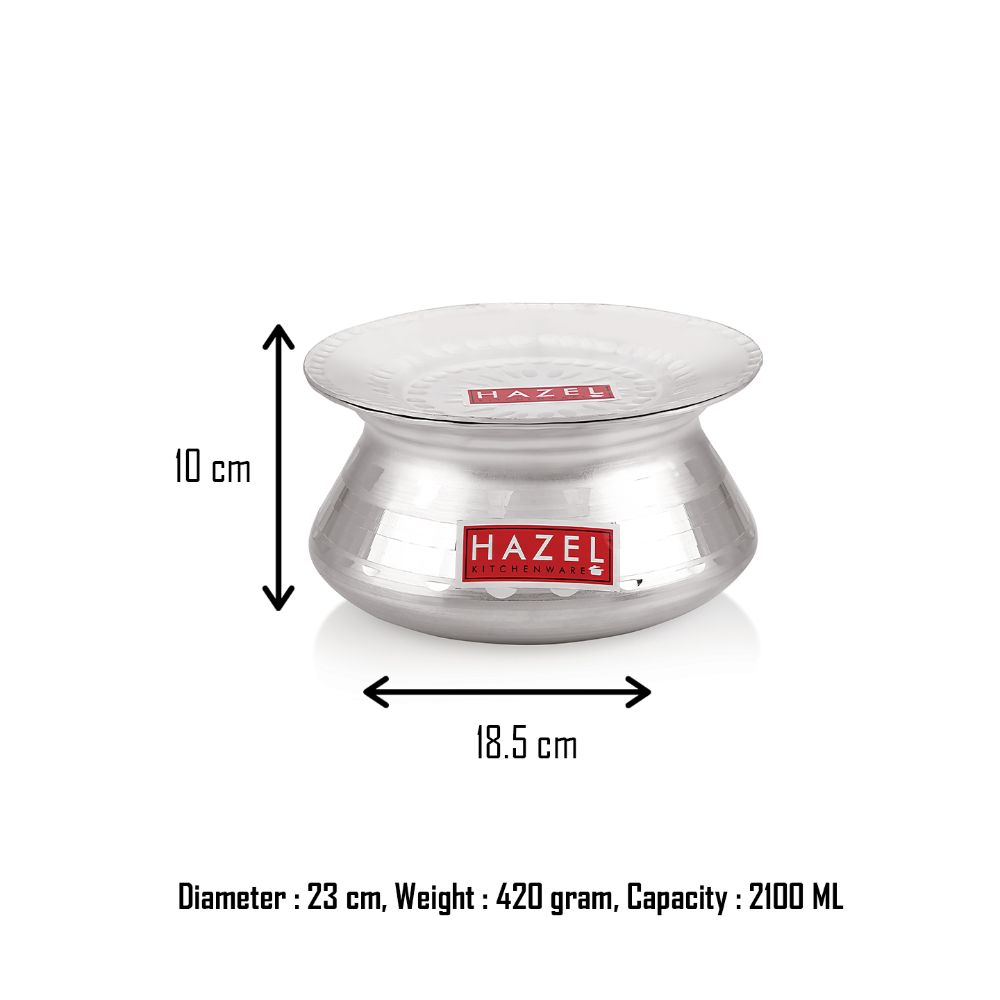HAZEL Aluminium Handi with Lid Machine Hammered Finish Biryani Rice Cooking Pot Dhari Patiya Tope Patila Vessel, 23 cm, 2100 ML