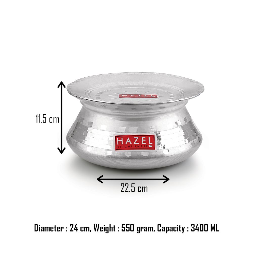 HAZEL Aluminium Handi with Lid Machine Hammered Finish Biryani Rice Cooking Pot Dhari Patiya Tope Patila Vessel, 24 cm, 3200 ML